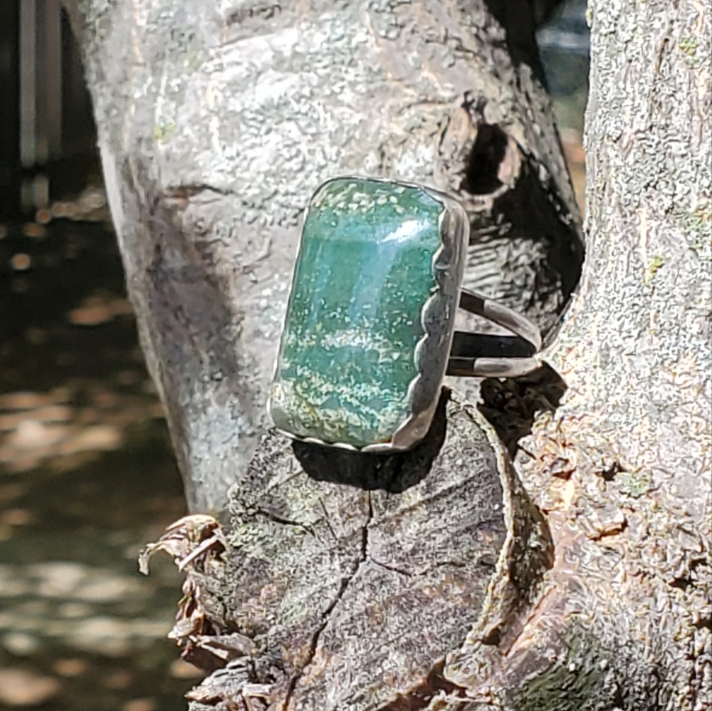Navajo Sterling Signed Tp Large 1" Tree Agate Rin… - image 8